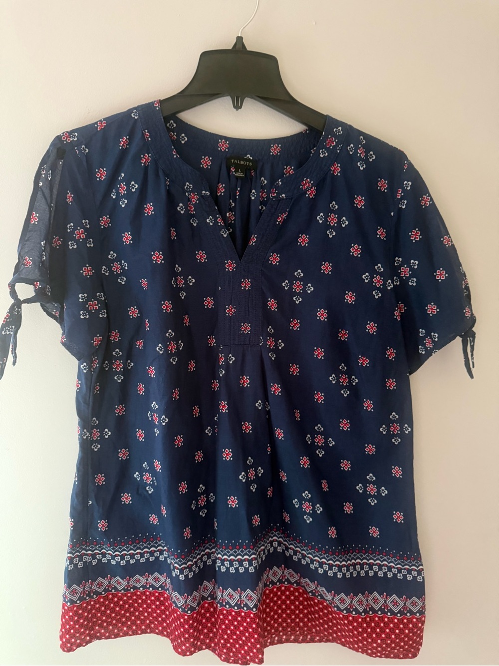 Talbots Navy Floral Split Tie-Sleeve Peasant Top with Red & White Border Sz L